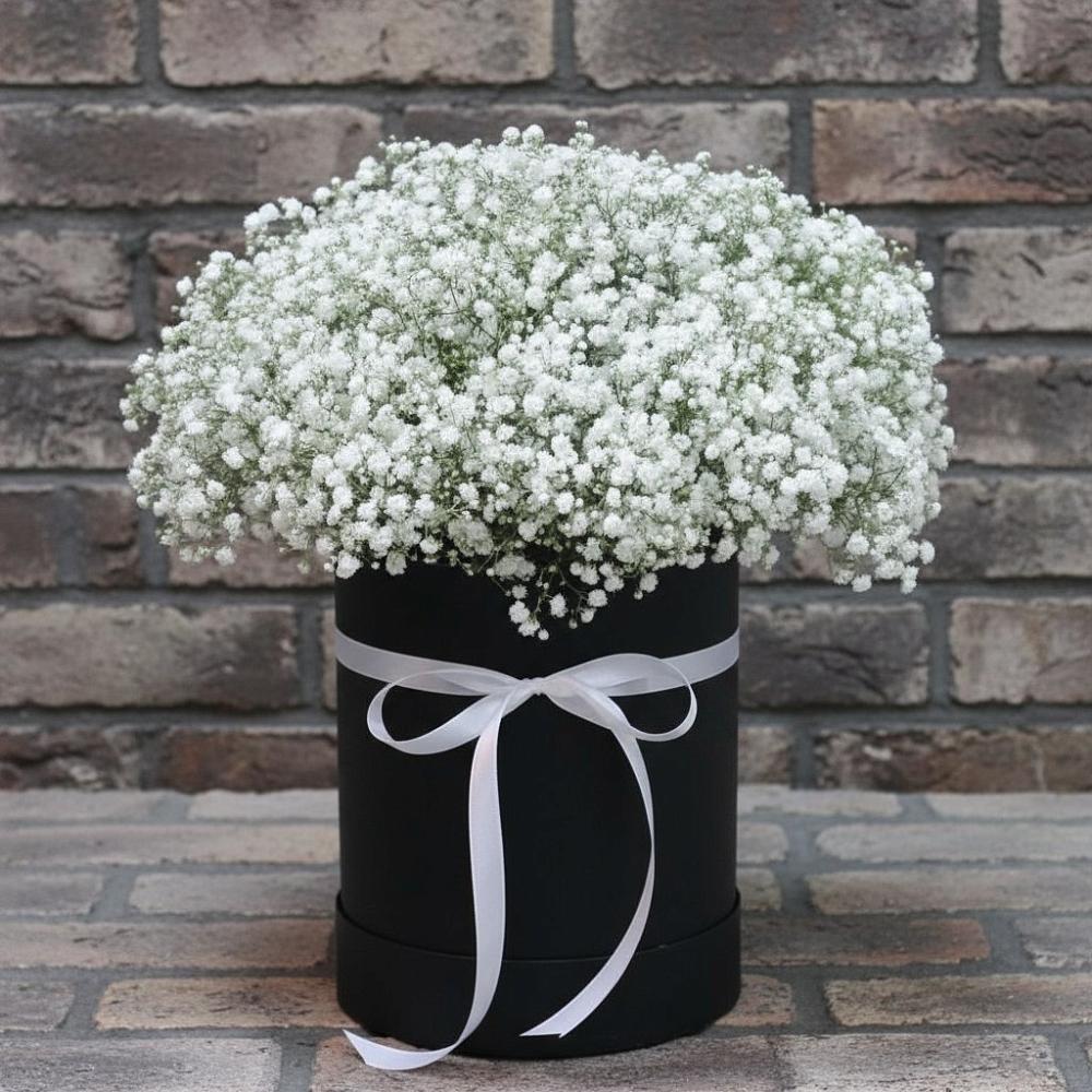 Цветочная композиция из Гипсофила в шляпной коробке в Первомайском Республика Дагестан