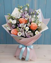 Букет цветов из:  Лизиантусы, Розы, Альстромерии и Гипсофила в Первомайском Республика Дагестан