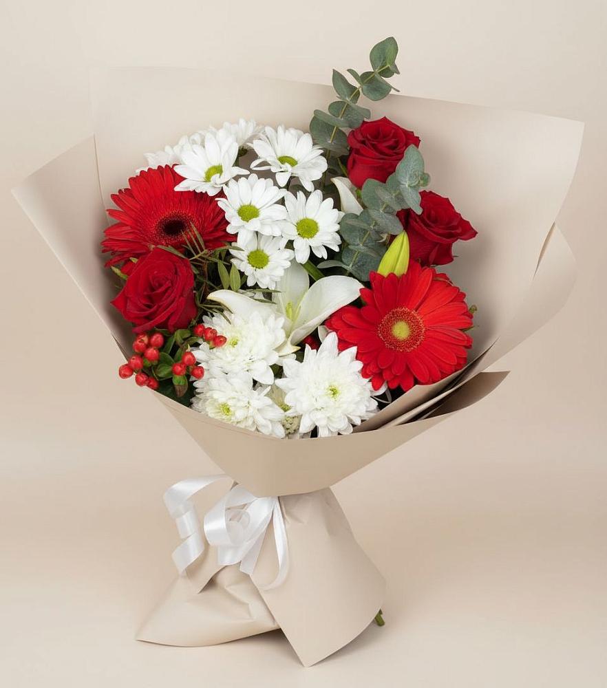 Букет цветов из: Розы, Хризантемы, Герберы и Лилии в Первомайском Республика Дагестан