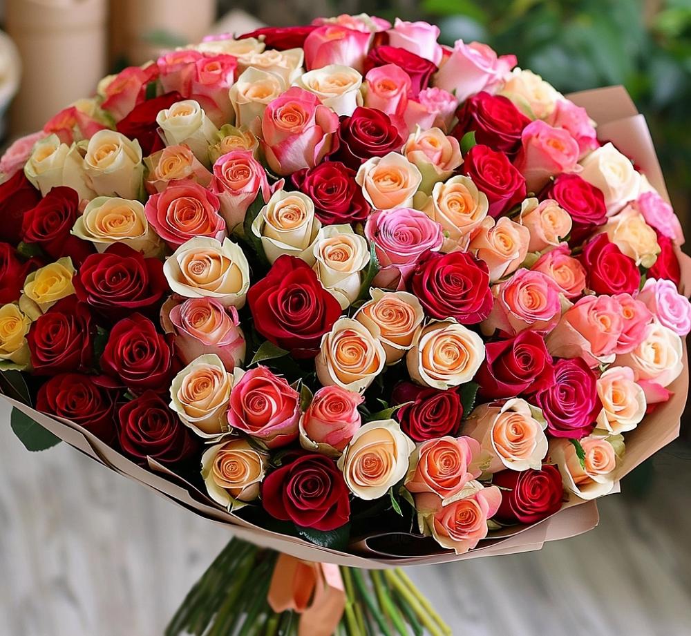 Букет 101 Разноцветная роза в Первомайском Республика Дагестан